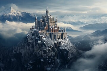 A castle covered in snow atop a mountain. Generative AI - obrazy, fototapety, plakaty