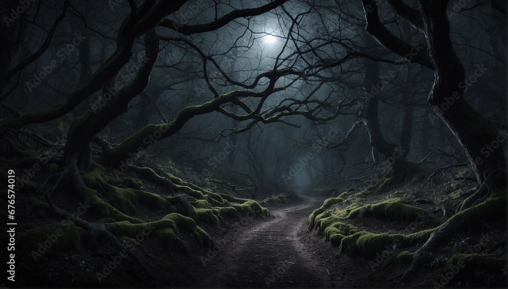Poster a winding path through a dark and eerie forest, illuminated only by the faint glow of moonlight filt