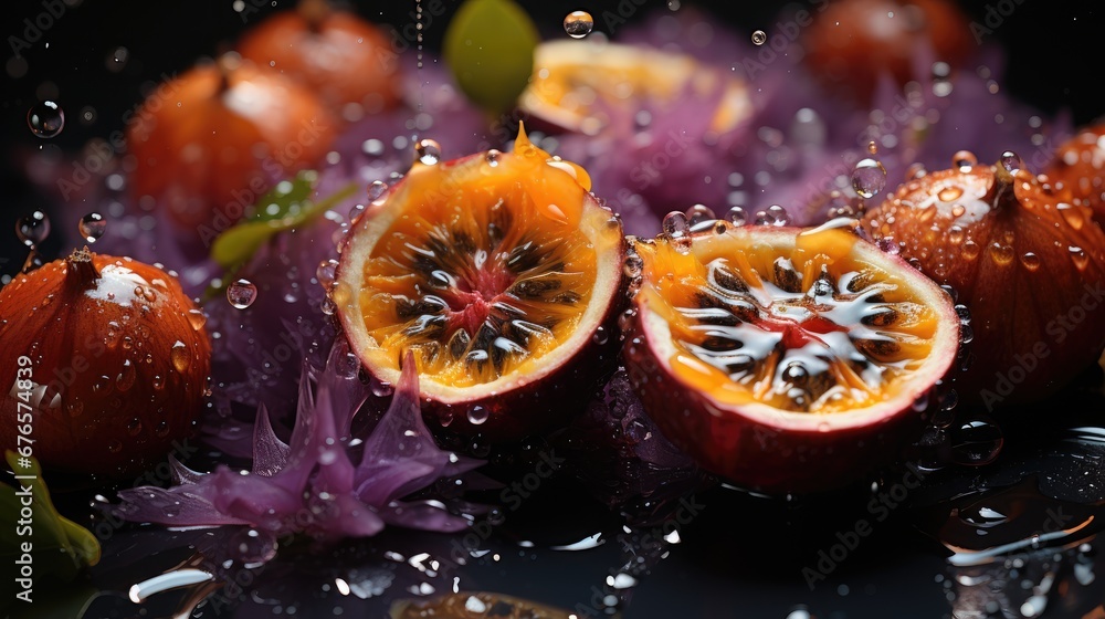 Poster a close up of a grapefruit cut in half with water droplets on the top and bottom of it. generative a