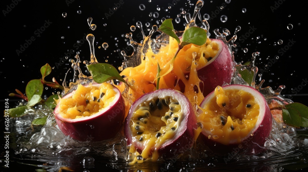 Poster a close up of a fruit with water splashing out of it's center and on top of it's sides. generative a
