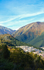 Civitella Alfedena, Abruzzo, in Italy in the autumn with mountains and trees concept of tranquility and relax.