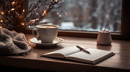 Intimate evening with a hot cup of coffee and a notebook by the window. - obrazy, fototapety, plakaty