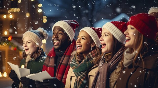 Joyful Group Of Diverse Friends Singing Christmas Carols In The Snow. Festive Gathering Of Carolers Celebrating The Holiday Season At Night.