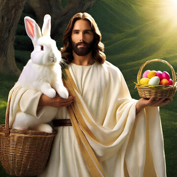 Jesus holding Easter basket with eggs and bunny