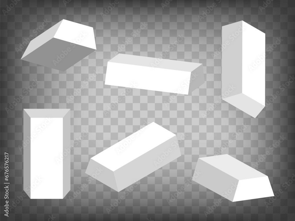 Poster set of perspective projections 3d trapezoidal prism model icons on transparent background. 3d trapez