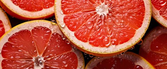 Fresh red grapefruit slices, with water drops over it, closeup macro detail. Generative AI - Powered by Adobe