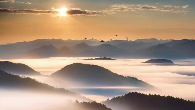 A serene sunrise over a mist-covered mountain range, with birds soaring through the sky