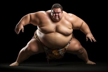 Photo of powerful sumo wrestler isolated on dark background  - obrazy, fototapety, plakaty