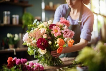 Obraz na płótnie Canvas A florist's hands arranging a vibrant bouquet of fresh flowers in a charming flower shop, with colorful blooms and floral arrangements as the backdrop.