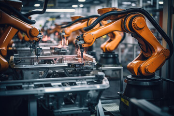 Robotic arms in an aerospace manufacturing facility, expertly welding and inspecting aircraft parts. - obrazy, fototapety, plakaty