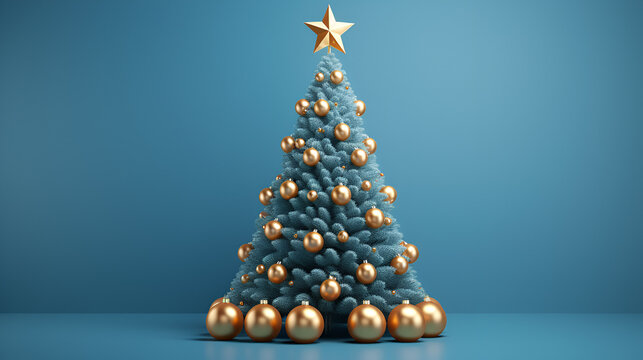 blue Christmas tree with golden star and gold ornaments on a blue background