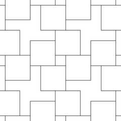 Parquet vector. White figures tessellation on black background. Seamless surface pattern design with polygons. Repeated blocks wallpaper. Mosaic motif. Digital paper for page fills, web designing.