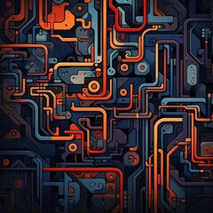 Futuristic blue with orange light 3D digital geometric technology background banner illustration - Blue shining textured robotic mecha shape with details