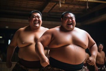 Fototapeta premium Group of smiling sumo wrestler posing in the midst of fierce battle