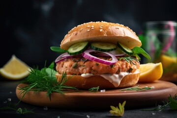 Elegant burger a salmon patty with lemon dill sauce, complemented by crisp cucumber slices, fresh sprouts, red onion, and capers.