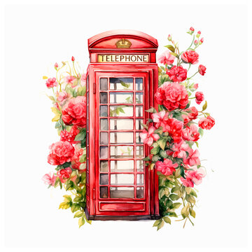 Telephone cabine with flowers watercolor painted