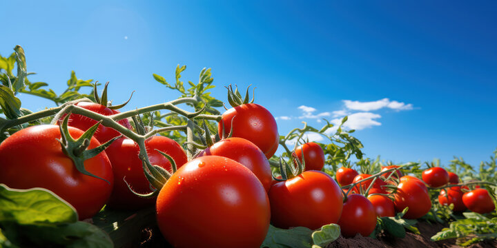 The tomatoes ripe and ready against the backdrop of a vast, azure canvas