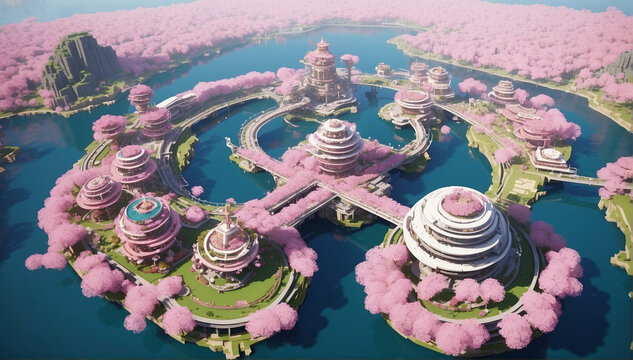 a huge and multileveled minecraft base made in a cherry blossom biome with many buildings surrounding a central hub - AI Generative