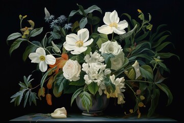 A white floral painting with a vase, black background, green leaves, stems, and a dark center. Generative AI