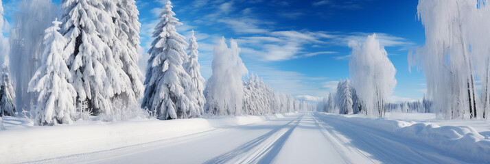 A highway leading through a snow-covered forest. Banner image. Generative AI. 