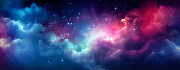Abstract colorful night sky banner - vibrant colored clouds, some stars glowing. Generative AI - obrazy, fototapety, plakaty