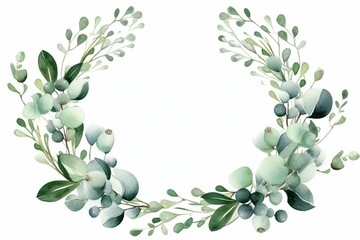Holiday watercolor wreath with mistletoe, eucalyptus, and white berries on a white backdrop. Generative AI