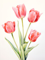 Red tulips on a white background, tulips illustration. Beautiful red tulips, flowers