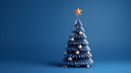 blue Christmas tree with golden ornaments on gradient blue background