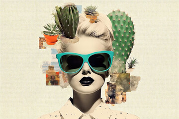Pop art postmodern style collage. Illustration of busines woman with cactus on the head depicting headache. Pace of modern life concept. A minimalistic and surreal portrait. - obrazy, fototapety, plakaty