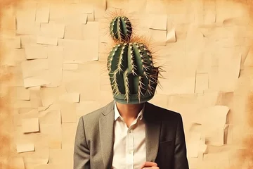 Foto op Plexiglas Pop art postmodern style collage. Illustration of busines man with cactus on the head depicting headache. Pace of modern life concept. A minimalistic and surreal portrait. © DRasa