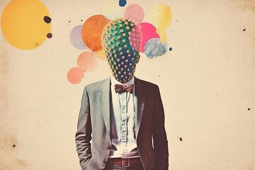Pop art postmodern style collage. Illustration of busines man with cactus on the head depicting headache. Pace of modern life concept. A minimalistic and surreal portrait. - obrazy, fototapety, plakaty
