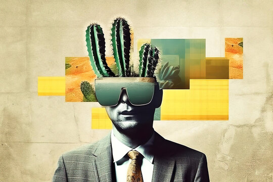 Pop art postmodern style collage. Illustration of busines man with cactus on the head depicting headache. Pace of modern life concept. A minimalistic and surreal portrait.