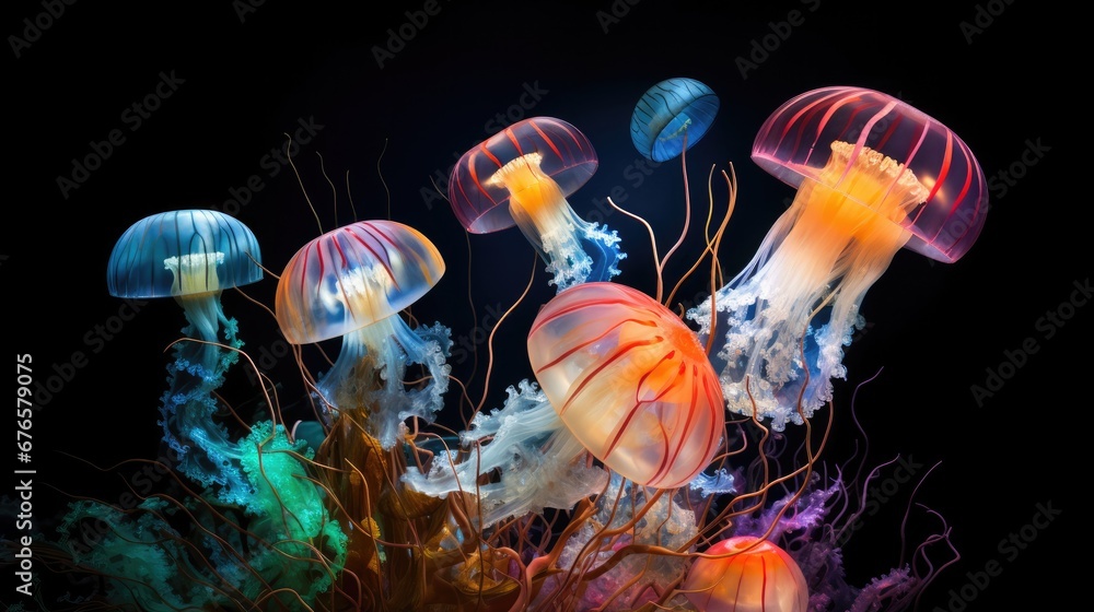Poster a group of jellyfishs floating in the water. generative ai.