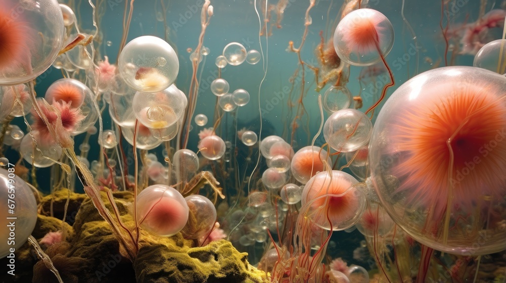 Poster a group of jellyfishs floating in a body of water. generative ai.