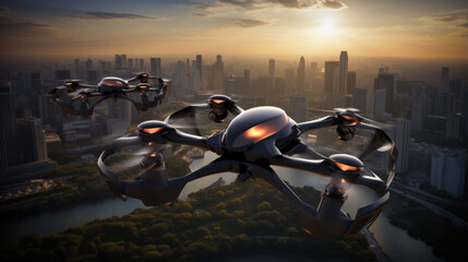 Drones over city, surveillance and control concept - obrazy, fototapety, plakaty