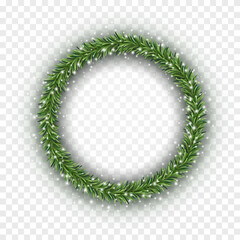 Christmas tree round border with green fir branches, snow isolated on transparent background. Pine, xmas evergreen plants frame or circle banner. Vector ring string garland decoration