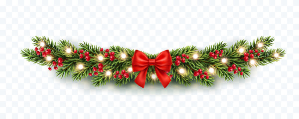 Christmas tree border with green fir branches, red bow, berries and gold lights isolated on transparent background. Pine, xmas evergreen plants frame. Vector string garland decor - obrazy, fototapety, plakaty