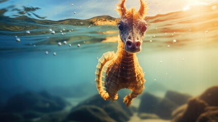 A close-up of a sea horse in the water. Generative AI.