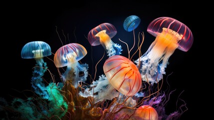 A group of jellyfishs floating in the water. Generative AI.