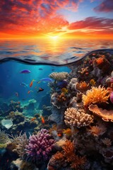 A coral reef with a sunset in the background. Generative AI.