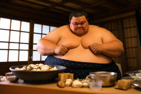 A sumo wrestler is seated at a low traditional Japanese dining table