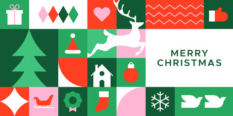 Merry christmas modern geometric banner template. Abstract xmas holiday mosaic poster with winter decoration. Festive party invitation, minimalist december event greeting card.