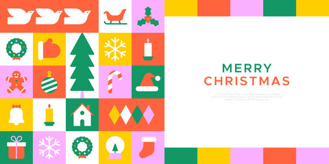Merry christmas modern geometric banner template. Abstract xmas holiday mosaic poster with winter decoration. Festive party invitation, minimalist december event greeting card. - obrazy, fototapety, plakaty