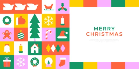 Fotobehang Merry christmas modern geometric banner template. Abstract xmas holiday mosaic poster with winter decoration. Festive party invitation, minimalist december event greeting card. © Dedraw Studio