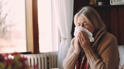 Senior lady sneezing in her apartment