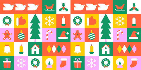 Modern geometric christmas mosaic seamless pattern. Abstract xmas holiday icon background with traditional winter decoration. Festive party invitation texture, minimalist december event print.