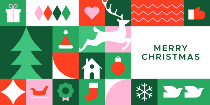 Merry christmas modern geometric banner template. Abstract xmas holiday mosaic poster with winter decoration. Festive party invitation, minimalist december event greeting card.