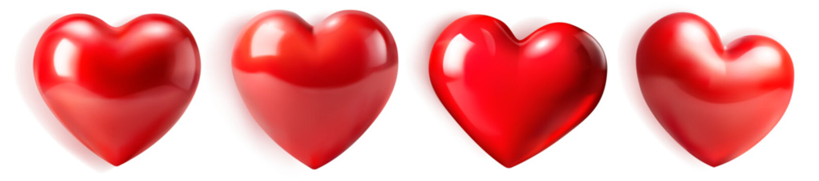 Set of beautiful red hearts with glares and shadows on white background
