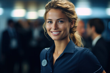 Cheerful flight attendants having posing in airplane