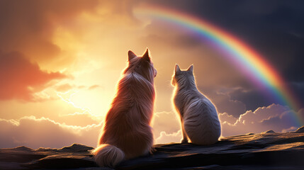 Fototapety  Cat and dog looking at rainbow - concept of pets passing away